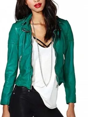 Muubaa Teal Green Leather Moto Jacket